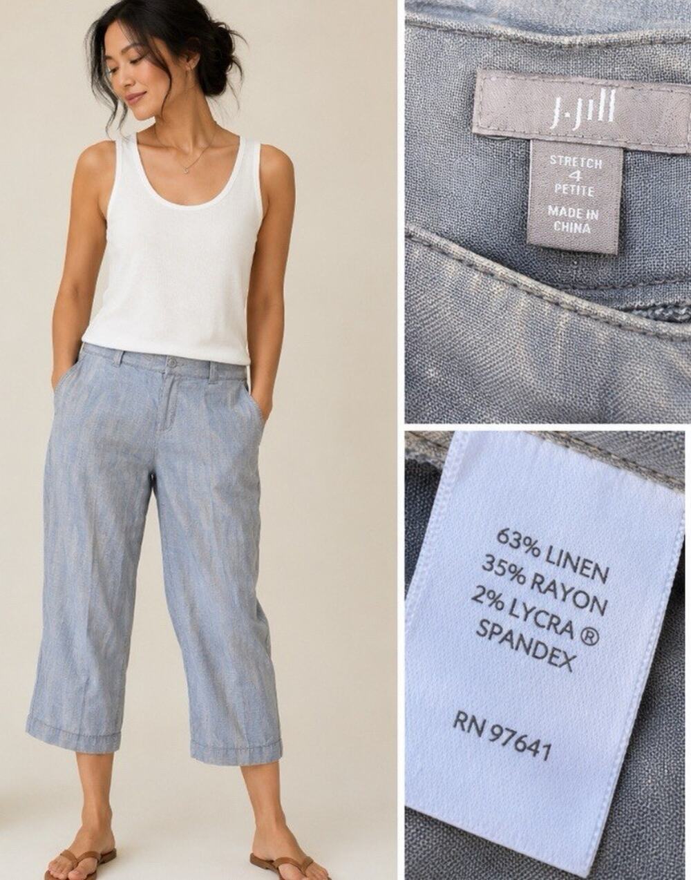 Coastal Beachy Summer J.Jill Crop Pants Size 4 Petite Chambray Linen Breathable